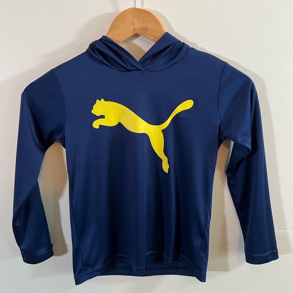 Puma Boys Hooded Long Sleeve Shirt Size 6 Navy Blue Yellow Logo Athletic